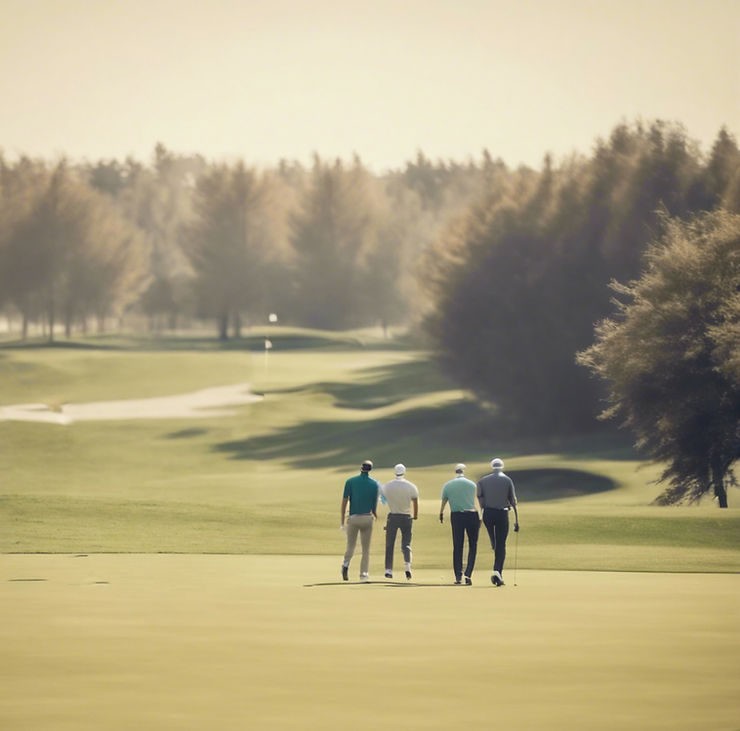 Four friends walking on the golf course