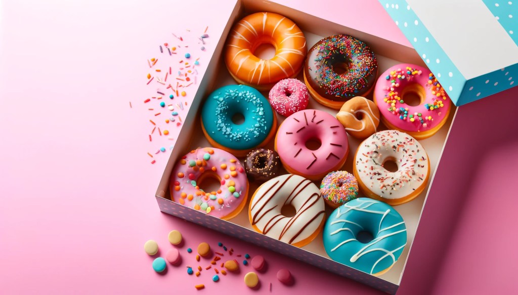 A box of vibrant donuts